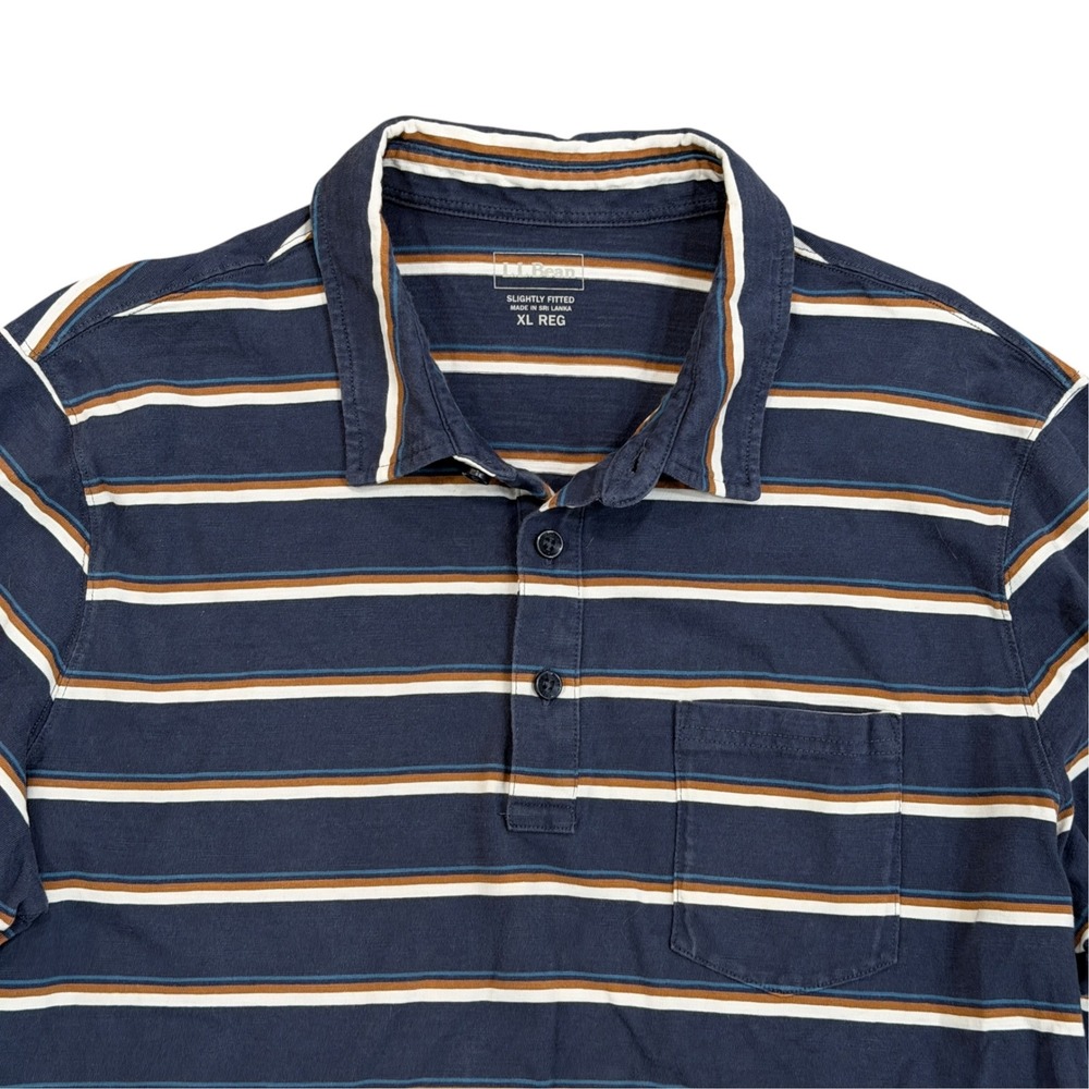 LL Bean Long Sleeve Polo Shirt Navy Blue Striped Organic Cotton Mens XL - Picture 2 of 8